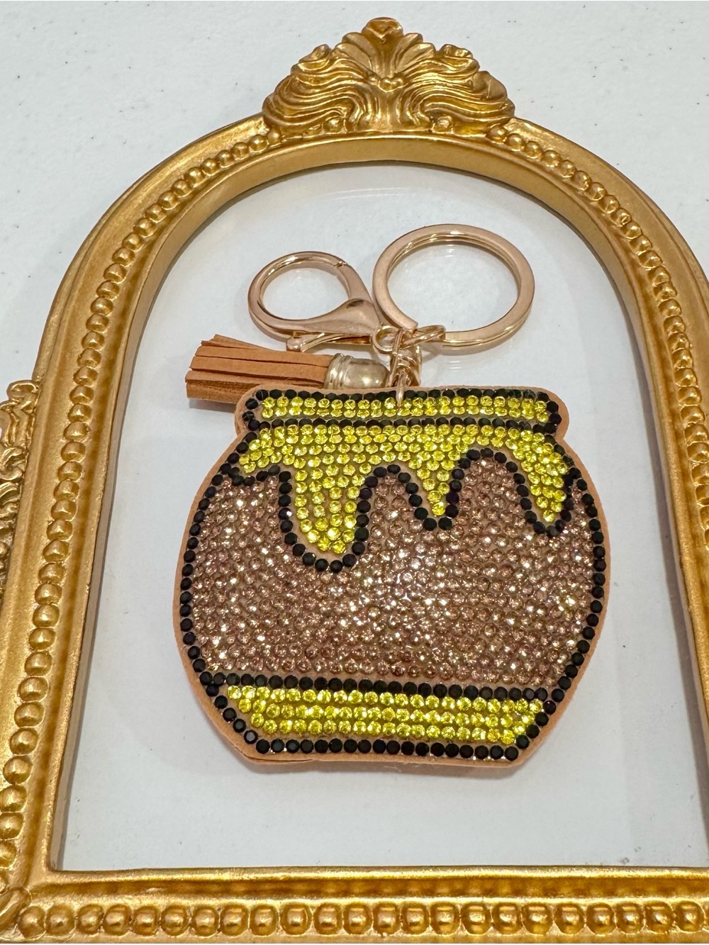 New Rhinestone Honey Pot Keychain Bag Charm Gold and Brown